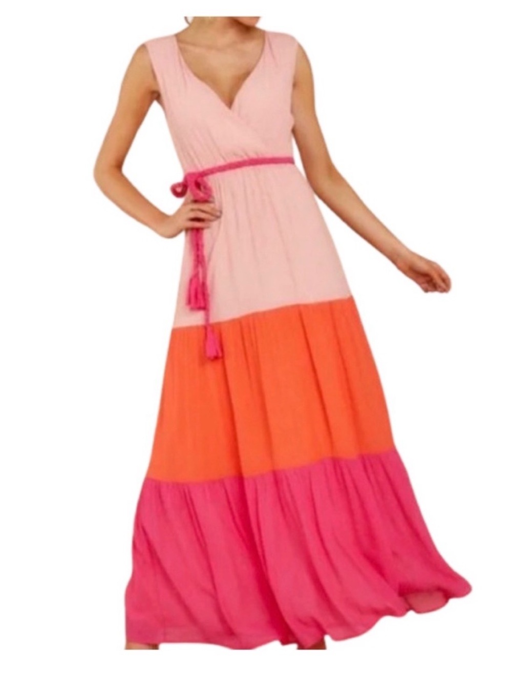 Flying Tomato Pink, Orange and Hot Pink Colorblock Sleeveless Maxi Dress
